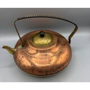 Vtg 70s Copper Brass‎ Teapot Tea Kettle Black Handle Decor